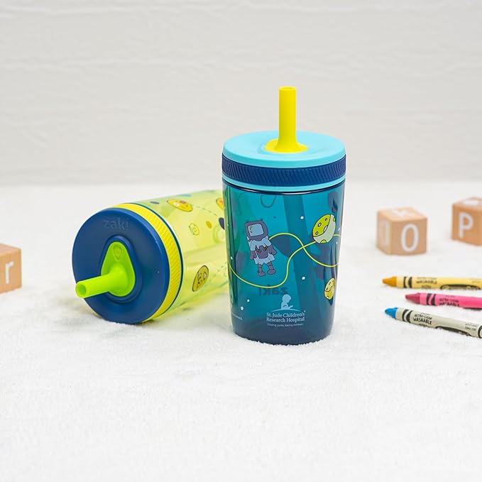 Zak Designs Kelso Toddler Tumblers Benefiting St. Jude, For Travel or At Home, 15oz 2-Pack Durable Plastic Sippy Cups With Leak-Proof Design is Perfect For Kids (Space and Smiles)