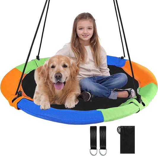RedSwing 43" Flying Saucer Tree Swing for Kids Outdoor, Waterproof Large Round Swings Seat with Adjustable Hanging Straps for Backyard Outdoor Indoor Playground, Green Orange Blue