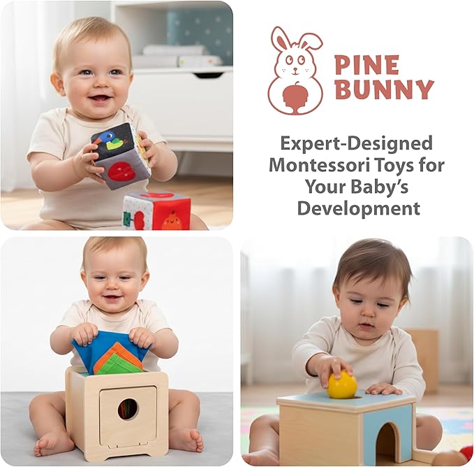 Pine Bunny Montessori Wooden 10-in-1 Toy Set for 7+ Months, Object Permanence Box, Egg and Cup, Tissue Box, Fabric Blocks, Scarf, Educational Learning Sensory Development Fine Motor Skills Baby Toys