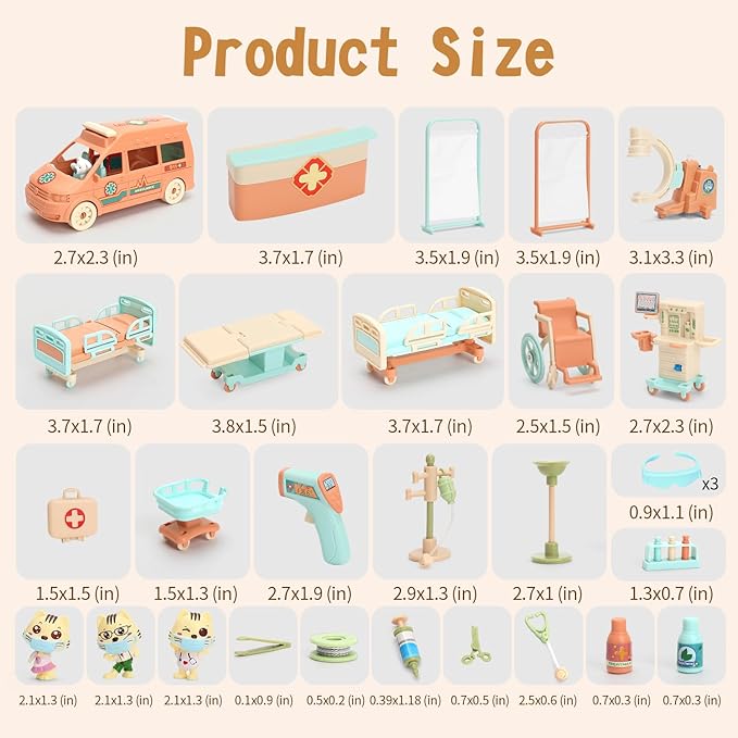 Cat Dolls Doctor Pet Pretend Play Toys, Figures Playset Toy, Hospital and Ambulance Toy with Lights and Sound, Educational Toys, Gift for Kids Toddlers Boys and Girls