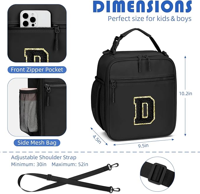 Initial Insulated Lunch Bag for Boys Kids, Back to School Gift, Reusable Leak-proof Lunch Box with Adjustable Strap for School Daycare Travel Picnic（Black，D）