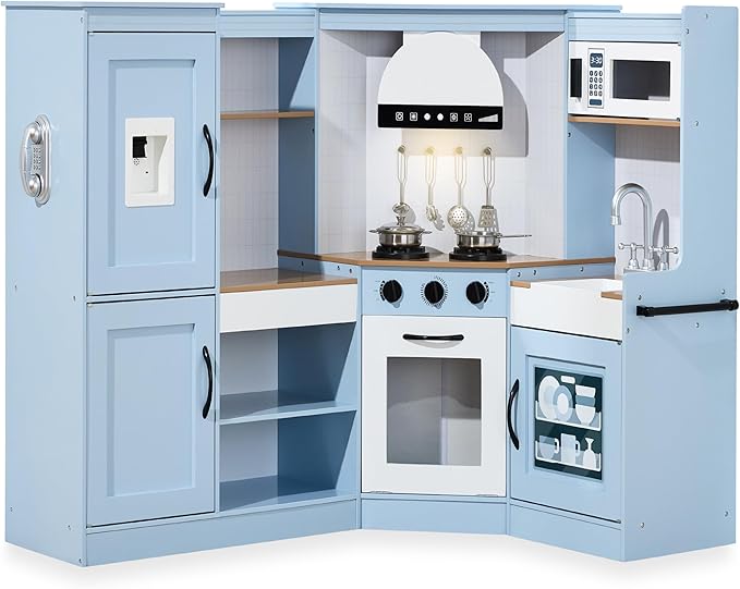 Best Choice Products Pretend Play Corner Kitchen, Ultimate Interactive Wooden Kids Playset w/Lights & Sounds, Ice Maker, Hood - Coastal Blue
