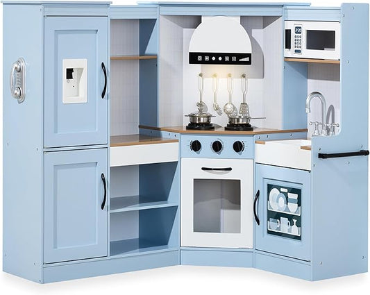 Best Choice Products Pretend Play Corner Kitchen, Ultimate Interactive Wooden Kids Playset w/Lights & Sounds, Ice Maker, Hood - Coastal Blue
