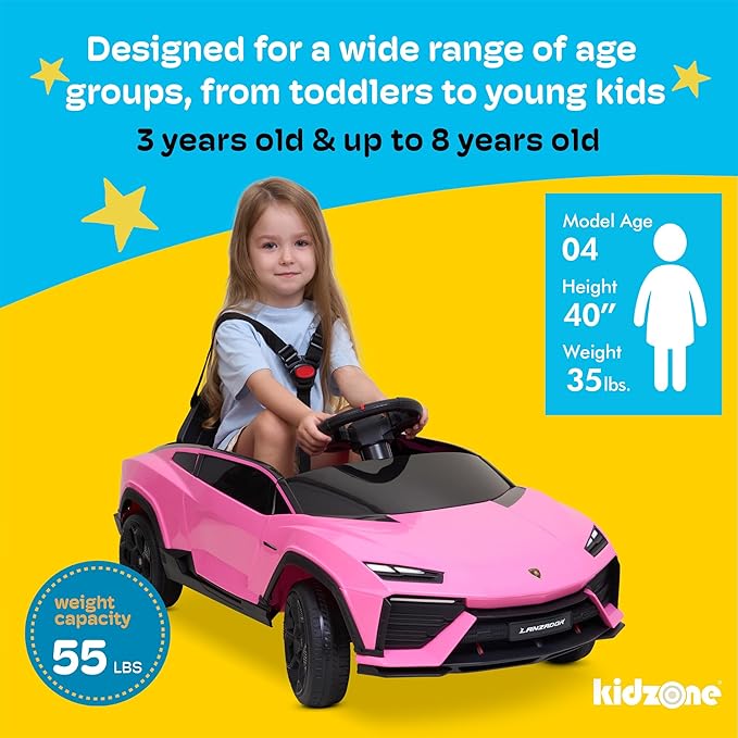 Kidzone Kids Electric Ride On 12V Licensed Lamborghini Lanzador Battery Powered Sports Car Toy with Parent Remote Control & Manual Drive, Bluetooth, LED Lights&Music - Pink