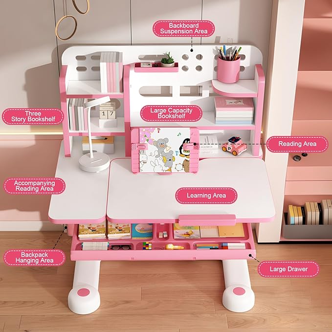 Upgraded Kid's Desk and Chair Set, Adjustable Children's Study Table with Bookshelf and Storage Drawer, 50-Degree Tiltable Desktop with Chair for Bedroom Pink