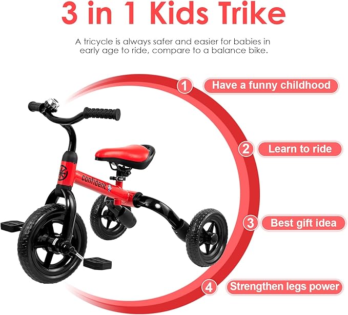 YGJT 3 in 1 Tricycle for Toddlers Age 2-5 Years Old, Folding Kids Balance Bike with Adjustable Seat and Removable Pedal, Toddler Bike Ride-on Toys for Infant, Gifts for Baby Boys Girls Birthday(Red)