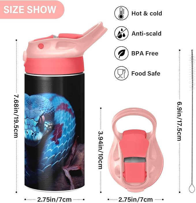 Kigai Black & White Cow Print Kids Water Bottle with Straw Lid, Vacuum Insulated Stainless Steel Double Walled Leakproof Tumbler Travel Cup for Girls Boys Toddlers, 12 oz