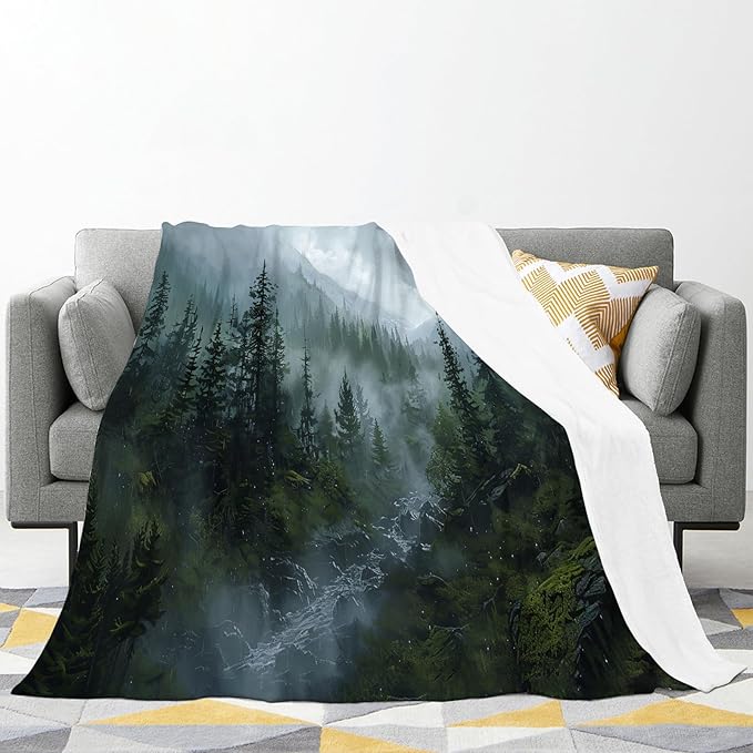 Forest Blanket Misty Mountain Tree Throw Blanket Cozy Plush Fleece Flannel Green Nature Blankets Landscape Party Gifts for Girls Boys Women Men 60"X50"