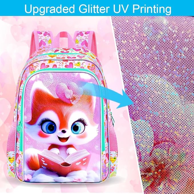 CCJPX 16" Fox Backpack for Girls, 3Pcs Kids Bookbag with Lunch Box, Water Resistant Elementary School Bag for Kindergarten Preschool Toddler (Pink)