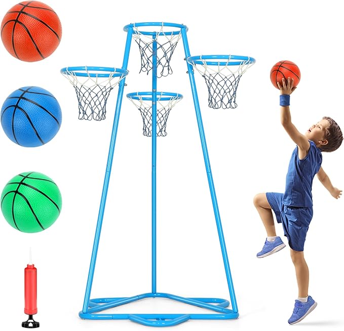 Kids Basketball Hoop Portable Basketball Stand Toys Basketball Indoor Outdoor, Portable Basketball with 4 Hoops at Varying Heights and 3 Balls Toy Set for Age 3 Years and Up(Pale Blue)