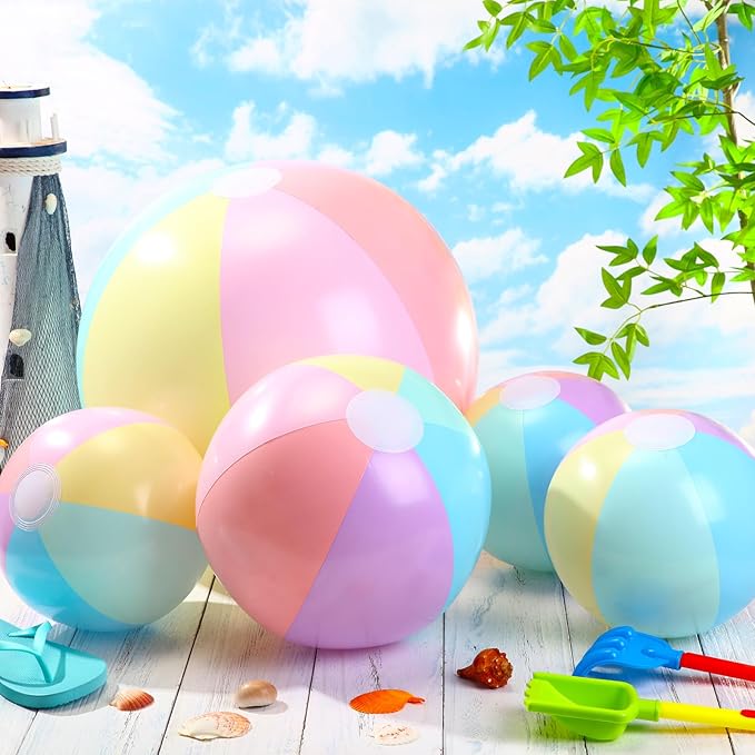 24 Pcs Inflatable Beach Balls Bulk Pastel Color Jumbo Big Macaron Beach Balls for Adults Summer Swimming Pool Water Games Party Favor(24,16,12 Inch)