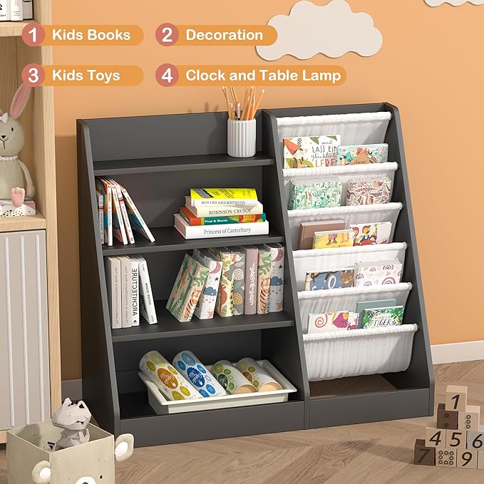 4 Tier Kids Bookshelf Wooden, Five Layer Sling Children Bookcase, Baby Toddler Storage Book Rack, Book and Toy Organizer Cabinet Chest, Book Display Shelf Stand, Playroom Nursery Classroom Library