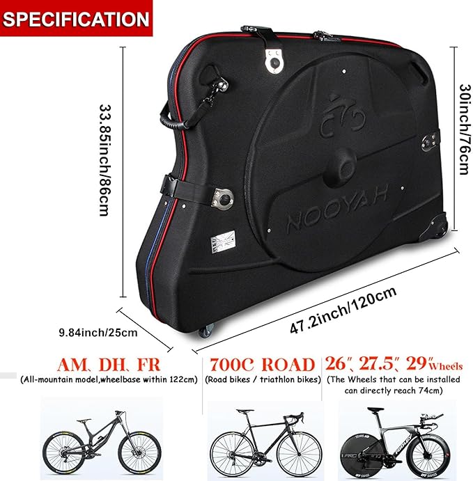 NOOYAH Bike Travel Case Bike Bag – Lightweight Hardshell Bicycle Transport Bag for Road, Triathlon, and Mountain Bikes, Disassemble the handlebar Storage, Air Travel Protection & Accessories, Type C