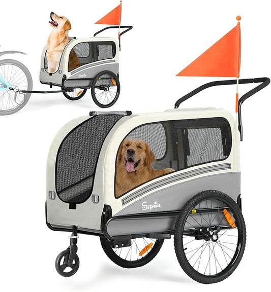 Sepnine Dog Bike Trailer, Supports up to 88 lbs, 2-in-1 Pet Stroller Cart Bicycle Carrier, Easy Folding Cart Frame with Quick Release Wheels, Universal Bicycle Coupler, Non-Slip Floor, Internal Leash