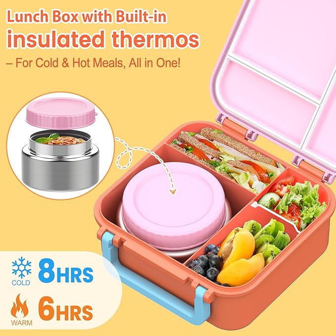 Bento Lunch Box for Kids with 9oz Thermo, Leak-proof Containers with 3 Compartments, Recommended Serving Sizes for Kids,Durable&Dishwasher Safe Lunch Box for School Outdoors-Orange
