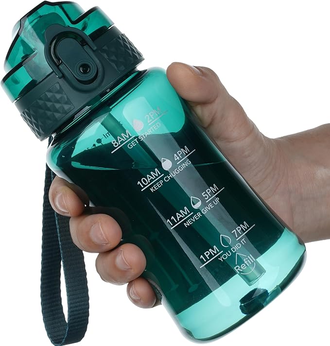 OLDLEY 12oz Kids Water Bottle for school Girls Boys, Motivational Water Bottles With Silicone Straw, Leak-Proof Tritan BPA-Free, Reusable water bottles for kids, Trout Green