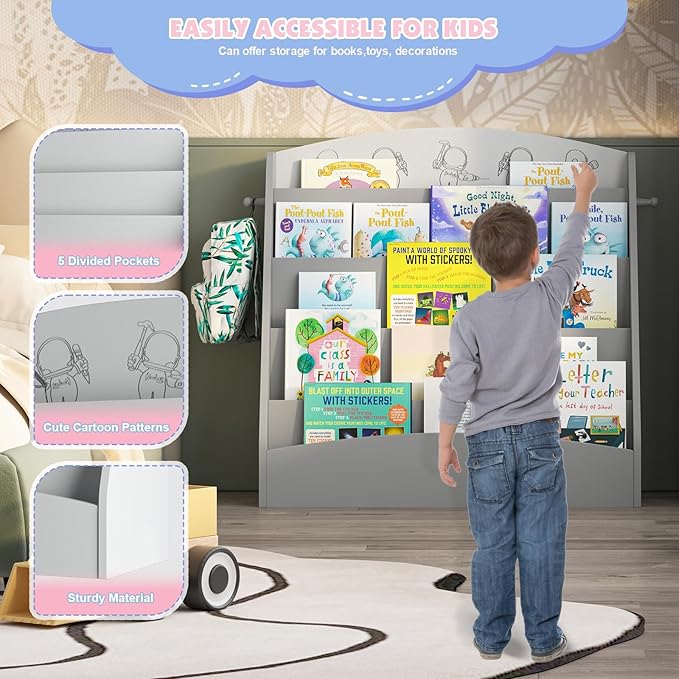 NACHES 5-Tier Kids Bookshelf - Toddler Book Display Shelves, Montessori Bookshelf for Kindergarten, Nursery, Bedrooms, Classrooms - Wooden Children Book Display, Grey