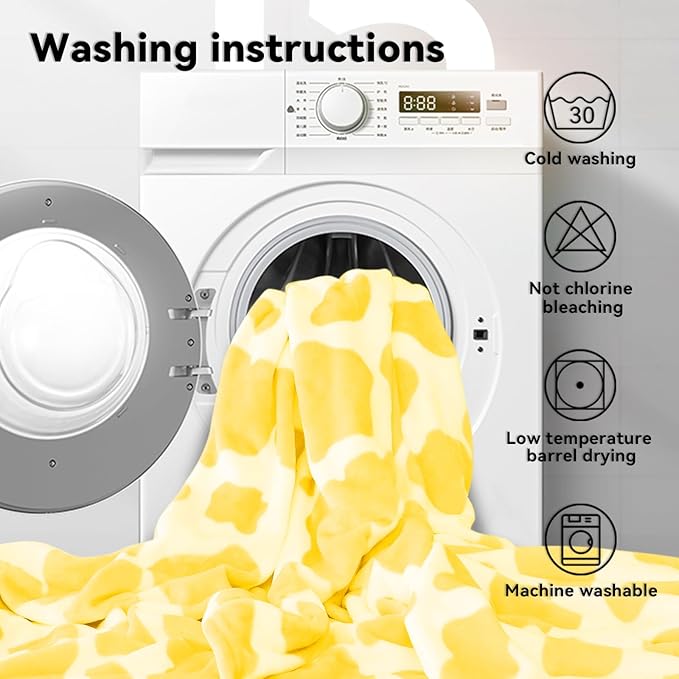 GEULAY Twin Size Fleece Blanket for Bed - Bright Lemon Yellow Cow Print Plush Cozy Throw for Couch, Bedroom, Living Room, Home Decor, Teens