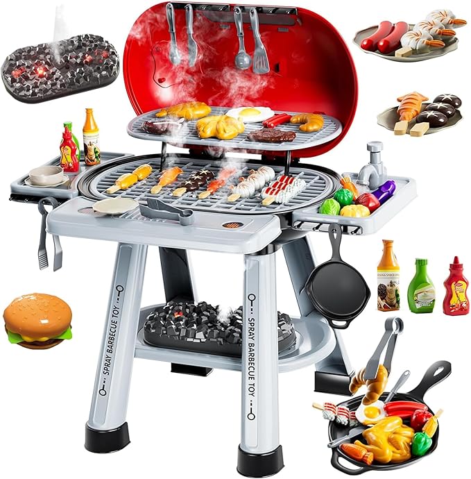 Kids Play Grill Kitchen Toys: BBQ Outdoor Toys Play Grill Set with Smoke Sound Light, Pretend Play Food Toy Cooking Set Kids Outdoor Grill Playset, 2 Layer Barbecue Gifts for 4-8 Boys Girls