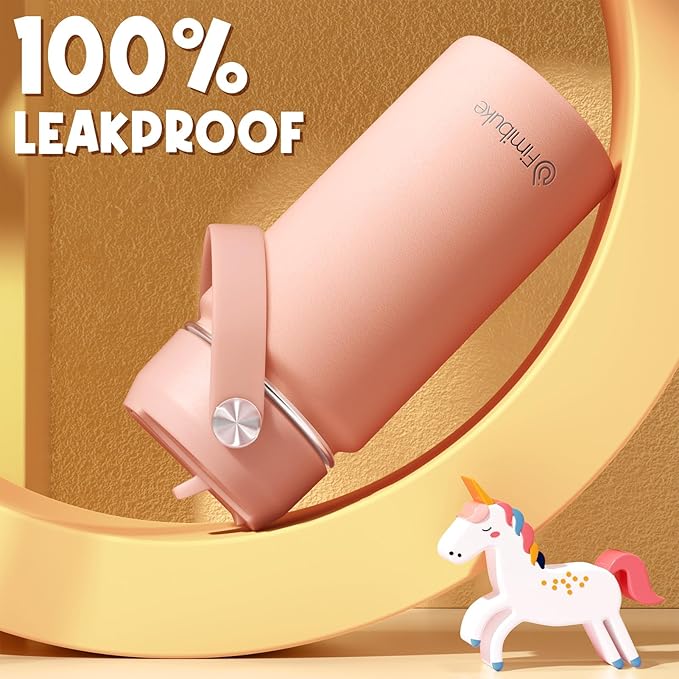 Fimibuke Kids Insulated Water Bottle, 14oz BPA FREE Double Wall Vacuum Tumbler 18/8 Stainless Steel Leak Proof Kids Cups with Straw Metal Water Bottle for School Boys Girls (2 Pack, Midnight Rose)