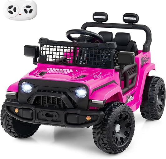Costzon Kids Ride on Car Truck, 12V Electric Vehicle w/Foldable Mirrors, 3 Speeds, LED Lights, Music & Horn, Ride on Toys Remote Control Car for Toddlers, Boys & Girls (Pink,34" × 23" × 21")