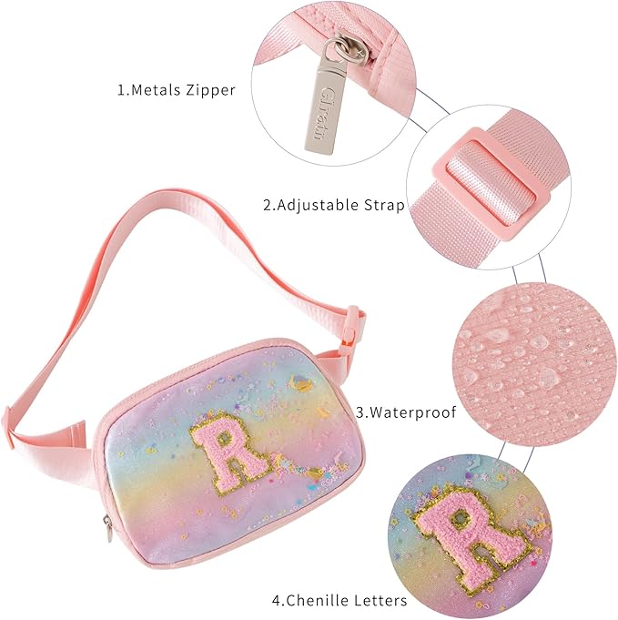 Fanny Pack for Girls,Birthday Easter Gifts,Chenille Initial Letter Girls Crossbody Bag,Preppy Teen Belt Bag for Graduation Travel Gifts,Cute Sequin Trendy Stuff.Pink-P