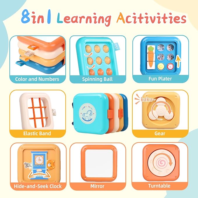 Busy Board for Toddler 2-4, Montessori Sensory Toys for 2 3 4 Year Old, Infant Carseat Travel Airplane Activity Cube Toys, Christmas Stocking Stuffers for 18 Months Boys Girls