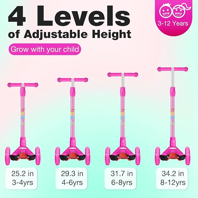BELEEV Scooters for Kids 3 Wheel Kick Scooter for Toddlers Girls Boys, 4 Adjustable Height, Lean to Steer, Light up Wheels, Extra-Wide Deck, Easy to Assemble for Children Ages 3-12 (Rose Pink)