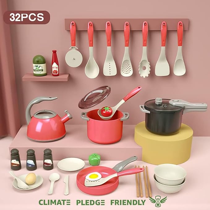 Bruvoalon 32Pcs Kids Play Kitchen Toys Set, Toddlers Pretend Cooking Playset Acccessories with Pots Pans, Utensils Cookware, Foods, Canned Veges, Learning Gift for Kids Girls Boys (Red)