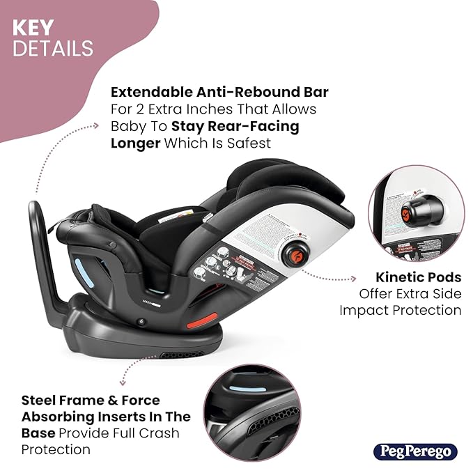 Peg Perego Primo Viaggio All-in-One Convertible Car Seat – Newborn to 10+ Years – 5-120 lbs – Height Adjustable & Slim, 100% FR-Free, Made in Italy, Crystal Black (Black)