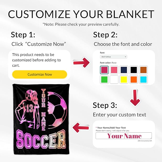 Personalized Soccer Throw Blanket with Name - Soft, Fuzzy & Warm - 60x80 Inches Twin Size Blanket for Couch, Office - Black Cute Throw Gift for Girls, Women