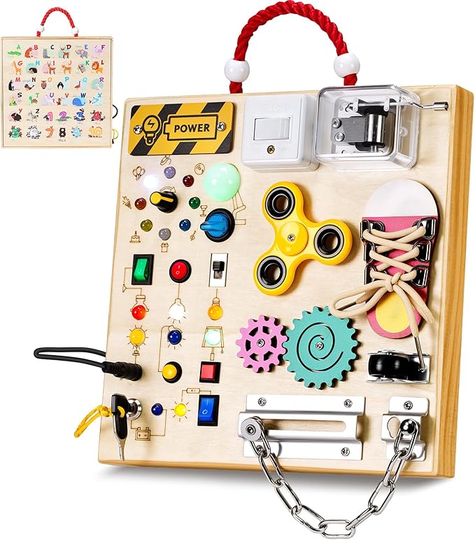 Montessori Wooden Busy Board Toys for 1 2 3 Years Old Boys Girls,Toddler Sensory Educational Fidget Board Travel Toy with LED Light Up Switches & Music Boxes, Locks for 1 to 6 Year Kids Gifts