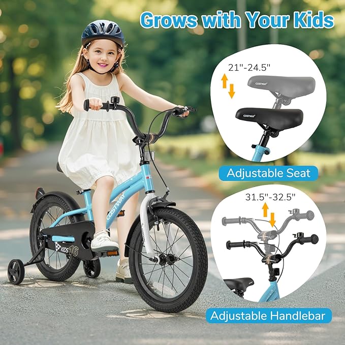 COSTWAY 12/14/16/18 Inch Kids Bike, Children Toddler Bicycle with Training Wheels, Adjustable Seat & Handlebar, Handbrake & Coaster Brake, Reflectors, Bell, Suitable for 3-8 Years Old Boys Girls
