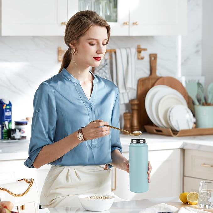 24 oz Insulated Water Bottle Bulk 4 Pack, Stainless Steel Sports Water Bottles with Straw Lid & Wide Mouth Lids, Double Walled Vacuum, Leak Proof, Turquoise Blue