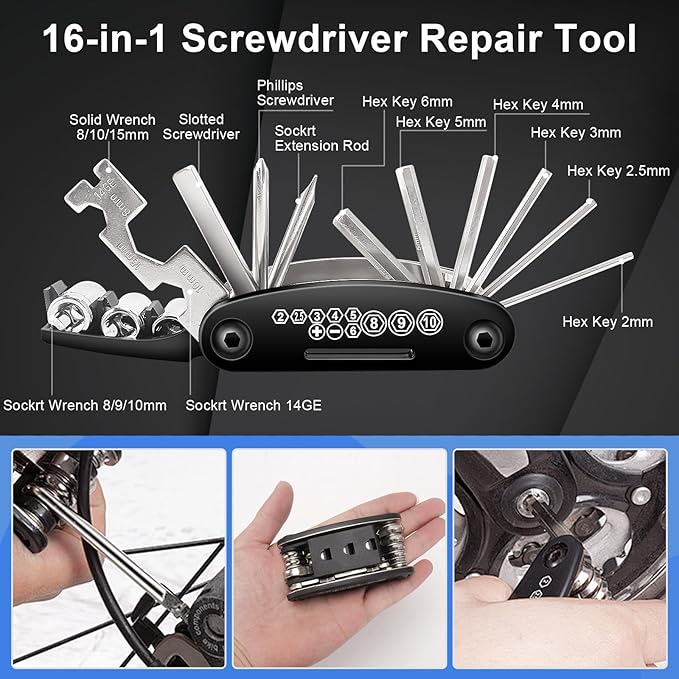 Bike Repair Kit with 120 PSI Mini Pump, 16-in-1 Multitool, Chain Tool, Tire Levers & Glueless Patches, Presta/Schrader, Under-Seat Saddle Bag — 27-Piece Bicycle Tool Set