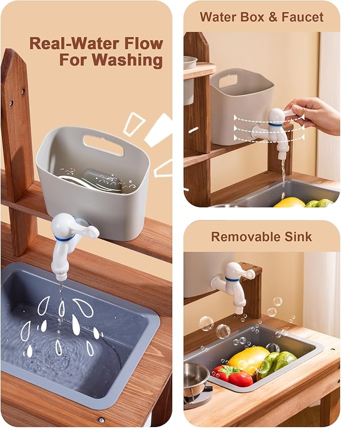 ROBUD Mud Kitchen for Kids Outdoor, Wooden Outdoor Play Kitchen, Kids Mud Kitchen with Removable Sink & Faucet, Monteeori Toys for Children Ages 3+ Years, WG404