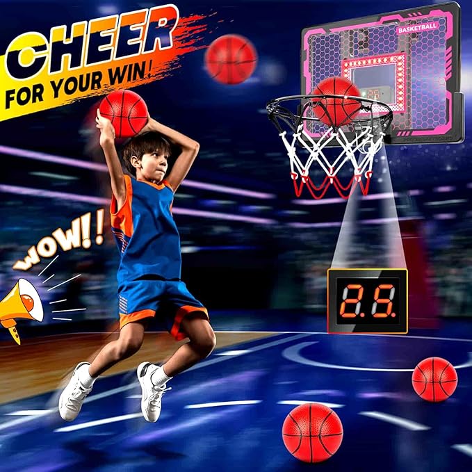 Indoor Basketball Hoop Toy for Girls - Basketball Hoops with Scoreboard&4 Balls, Backboard&Music Lights, Indoor Outdoor Basketball Sports Toys for Kids 4-8 8-12