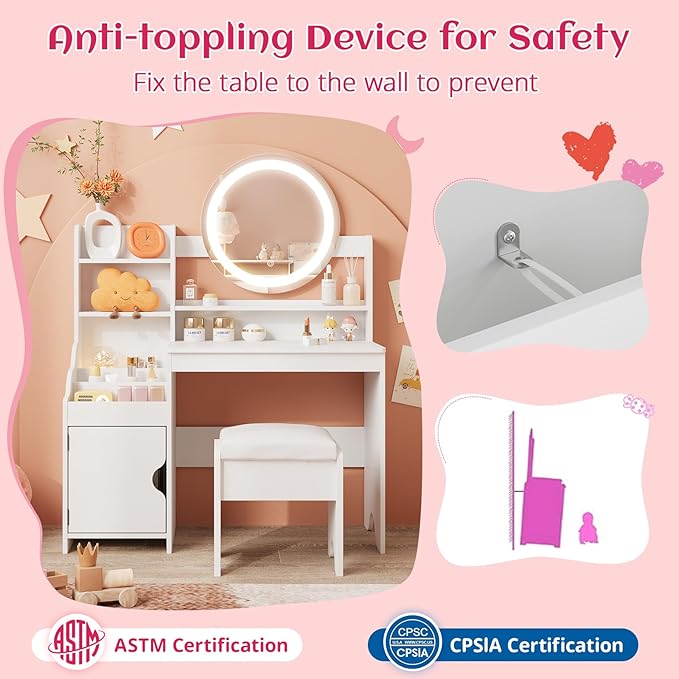 Vabches Kids Vanity with Lights, Princess Makeup Vanity Desk with Open Bookshelf, Storage Cabinet & Shelves, Toddler Vanity Table and Chair Set, Pretend Play Vanity Set for Little Girls, White