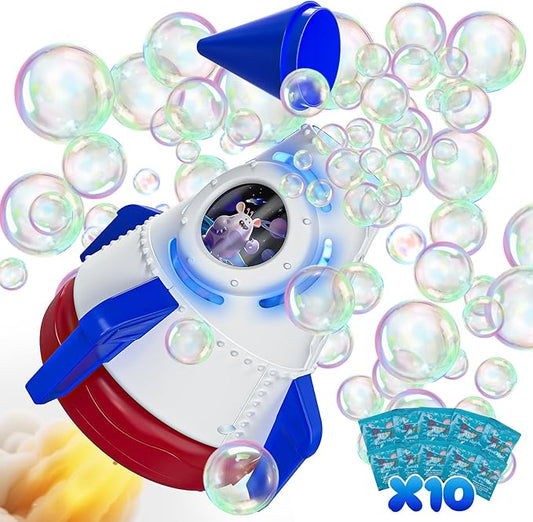 Rocket Bubble Machine for Kids with Lights, 360° Rotating Bubble Blower Toy with 10 Refill Solutions, Bubble Maker for Toddlers, Fun Outdoor Party Gift for Boys & Girls Blue
