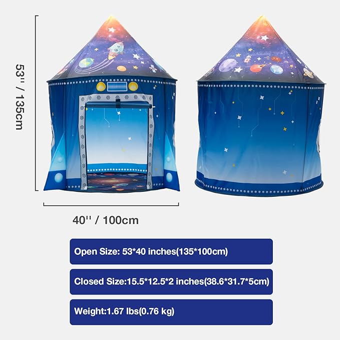 Rocket Ship Play Tent for Kids, Astronaut Spaceship Space Themed Pretend Playhouse Indoor Outdoor Games Party Children Pop Up Foldable Tent Birthday Toy for Boys Girls Toddler Baby