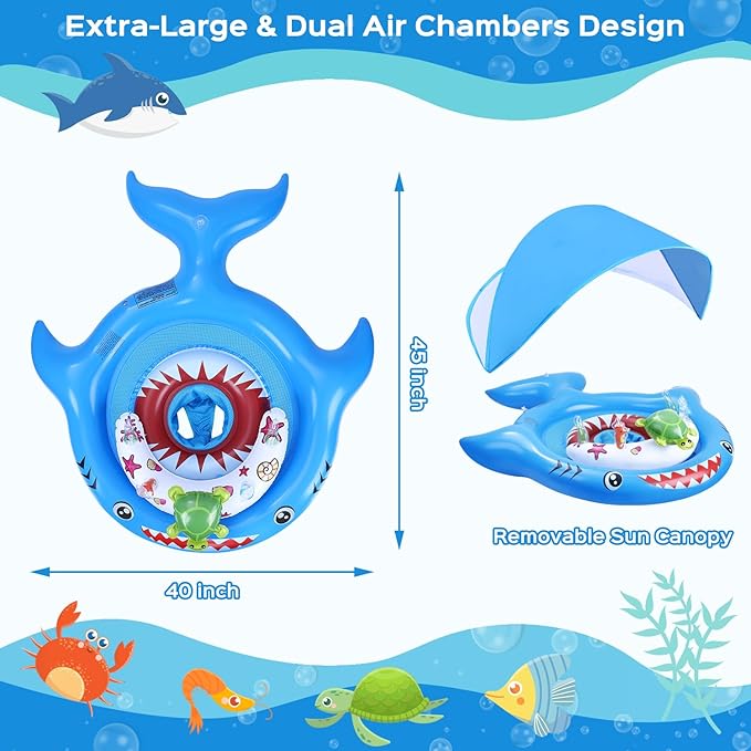 Baby Pool Float with UPF50+ Sun Protection Canopy, Inflatable Toddler Swimming Float with Ocean Animal Toys, Infant Pool Floaties with Adjustable Safety Seat for Kids 6-36 Months