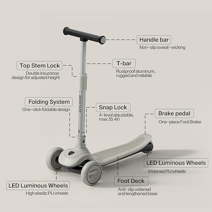 Kids Kick Scooter with Front Wheel Adjustable Steering Angle Control System, 3 Wheel Scooter for Kids Ages 3-18, Max 220 lbs 35.4" T-bar, One-Piece Brake, 3 LED Light Wheels, Scooter for Teens Adults