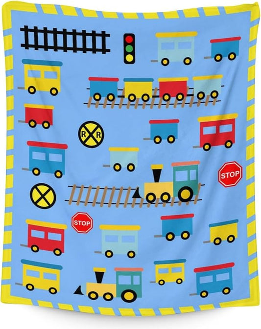 Train Gifts for Adults - Furry Comfort Train Blanket - 60"x80" Inches Twin Throw Blanket - Light Blue Cartoon Throws for Men, Women