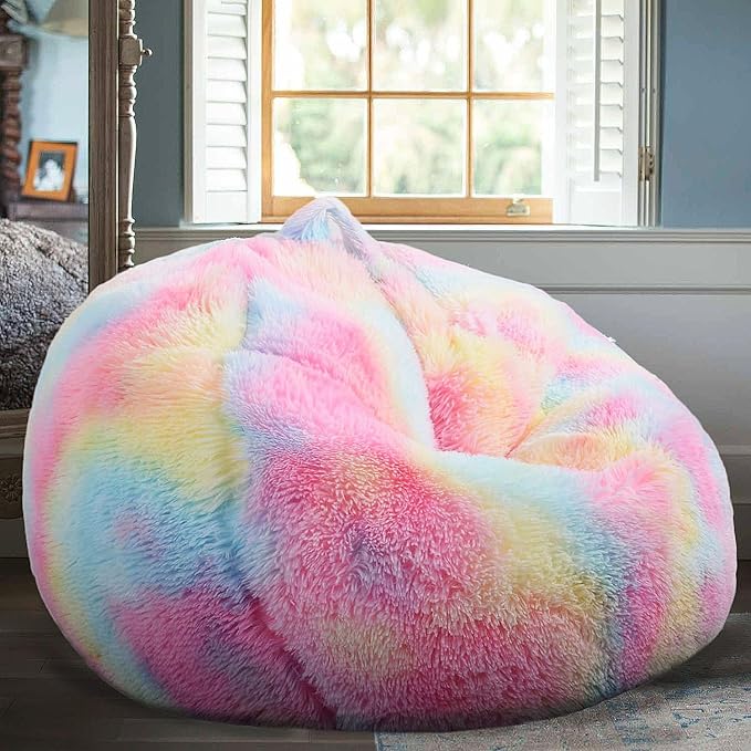 Fluffy Bean Bag Chair for Kids, 2.5FT Round Memory Foam Filled Bean Bag for Teens & Kids, Ultra Soft Faux Fur Fabric Bean Bag Chairs for Playroom, Living Room, Bedroom, Rainbow