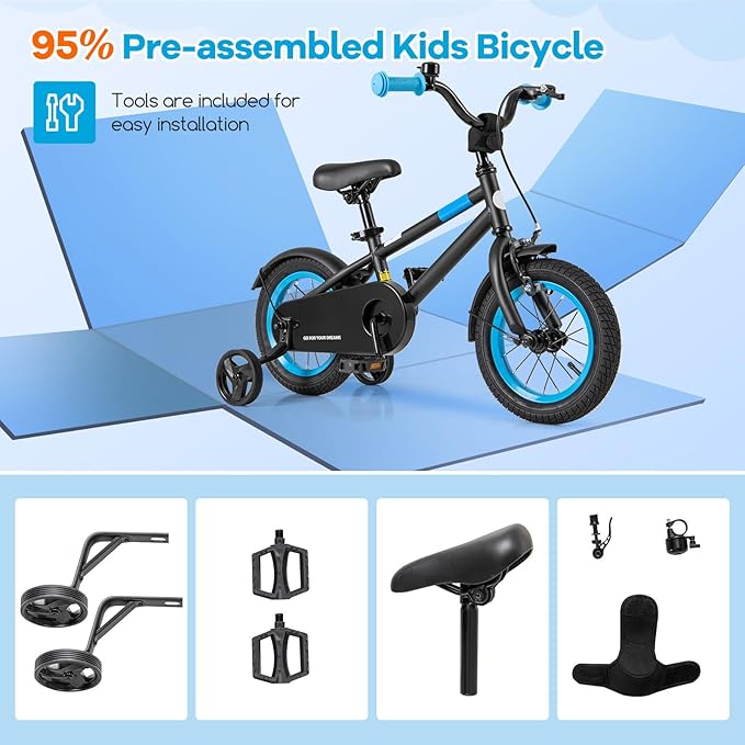 BABY JOY Colorful Macarons Kids Bike, 12 14 16 18 Inch Sporty Children's Bicycle with Training Wheels, Adjustable Handlebar & Saddle, Handbrake & Coaster Brake, Boys Girls Bike for 3-8 Years Old