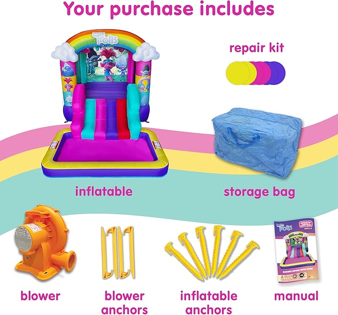 Funormous Trolls Bounce House with Slide & Ball Pit – Indoor/Outdoor Inflatable Play Castle with Heavy-Duty Air Blower for Kids Ages 3–8