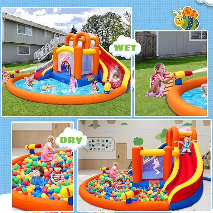 14.2x12.8FT Inflatable Water Park, Giant Slide Bounce House With 2 Long Slides, Thrilling Climbs, Trampoline and Big Splash Pool - 650W Air Blower Included