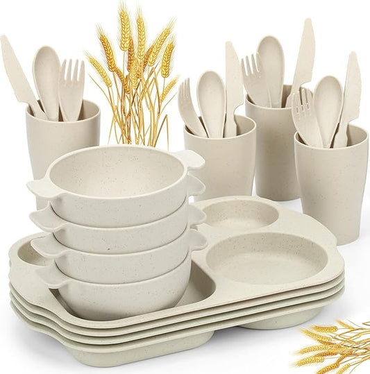 24 PCS Wheat Straw Dinnerware Set for Kids Toddler Plate Bowl Cup Set Unbreakable BPA-Free Tableware with Divided Plate Microwave Dishwasher Safe Perfect for Home School Picnics