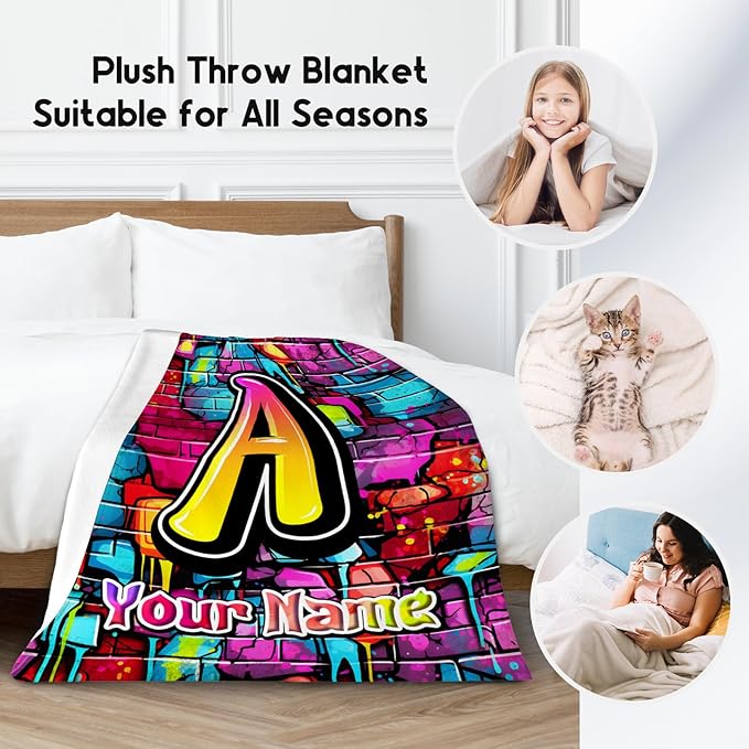Personalized Blanket for Boys - Kids Throw Blanket - Custom Initial Gifts for Son & Grandson - 60"x80" Fluffy Flannel Monogram Throw for Adults