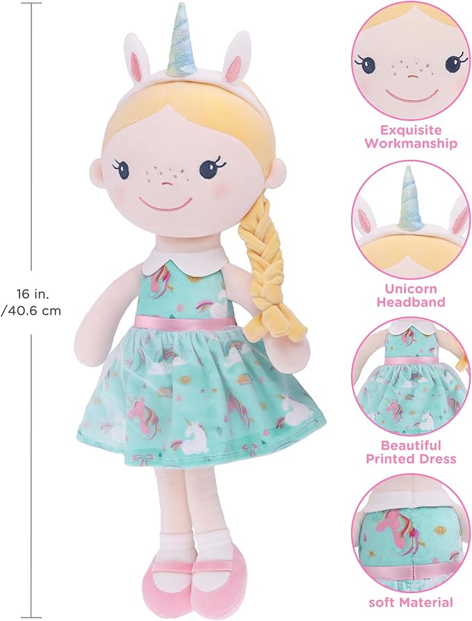 GAGAKU Soft Baby Doll Toys (16'') for Girls, My First Baby Rag Dolls for 1 Year Old Girl Birthday Gift Plush Doll Toys Machine Washable Baby Doll for Toddler Kids Infants - Unicorn Girl